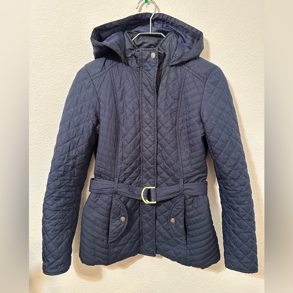 GUC TOMMY HILFIGER Navy Quilted Jacket w/ Belt & Hood